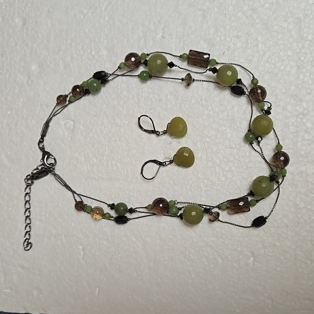 SET: DABBY REID Vintage Green & Smokey Quartz Glass Necklace & Earrings